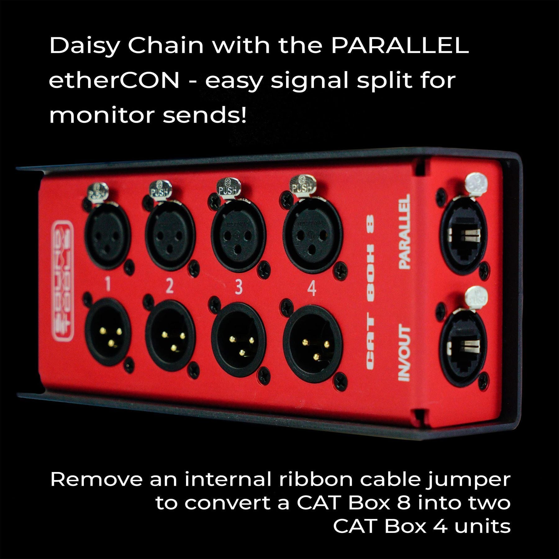 Sound Tools CAT Box 8 Analog Audio Over Cat Stagebox – Passive Audio DMX AES3 COM Transport – 4 Male & 4 Female XLR – etherCON Daisy Chain – Analog Audio Over Cat Cable with Phantom Power Support — Slide 5 of 6