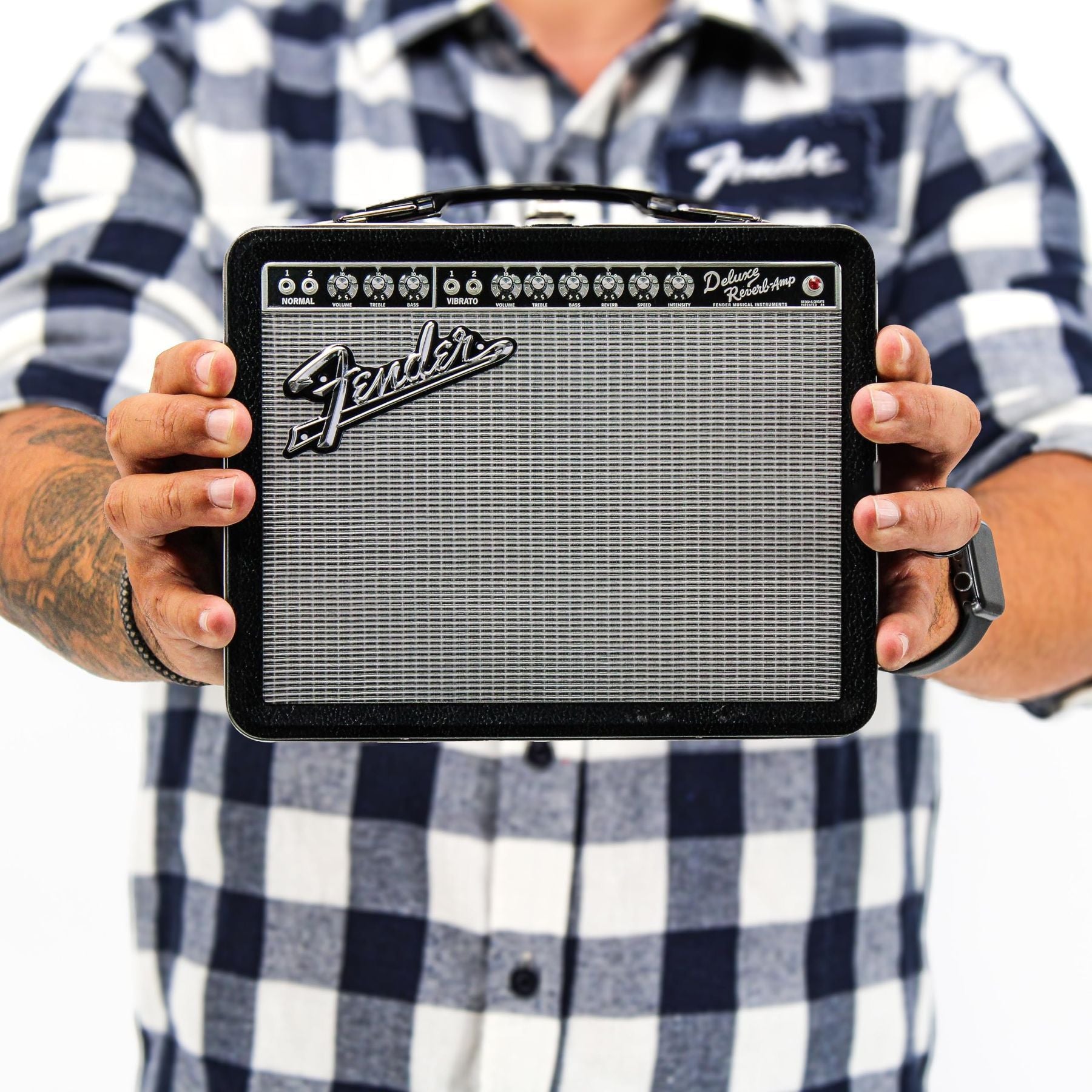 P Pluginz Fender Amp Tin Lunch Box Storage Container- Plastic Handle & Embossed Front Cover - Officially Licensed Fender Merchandise — Slide 6 of 8