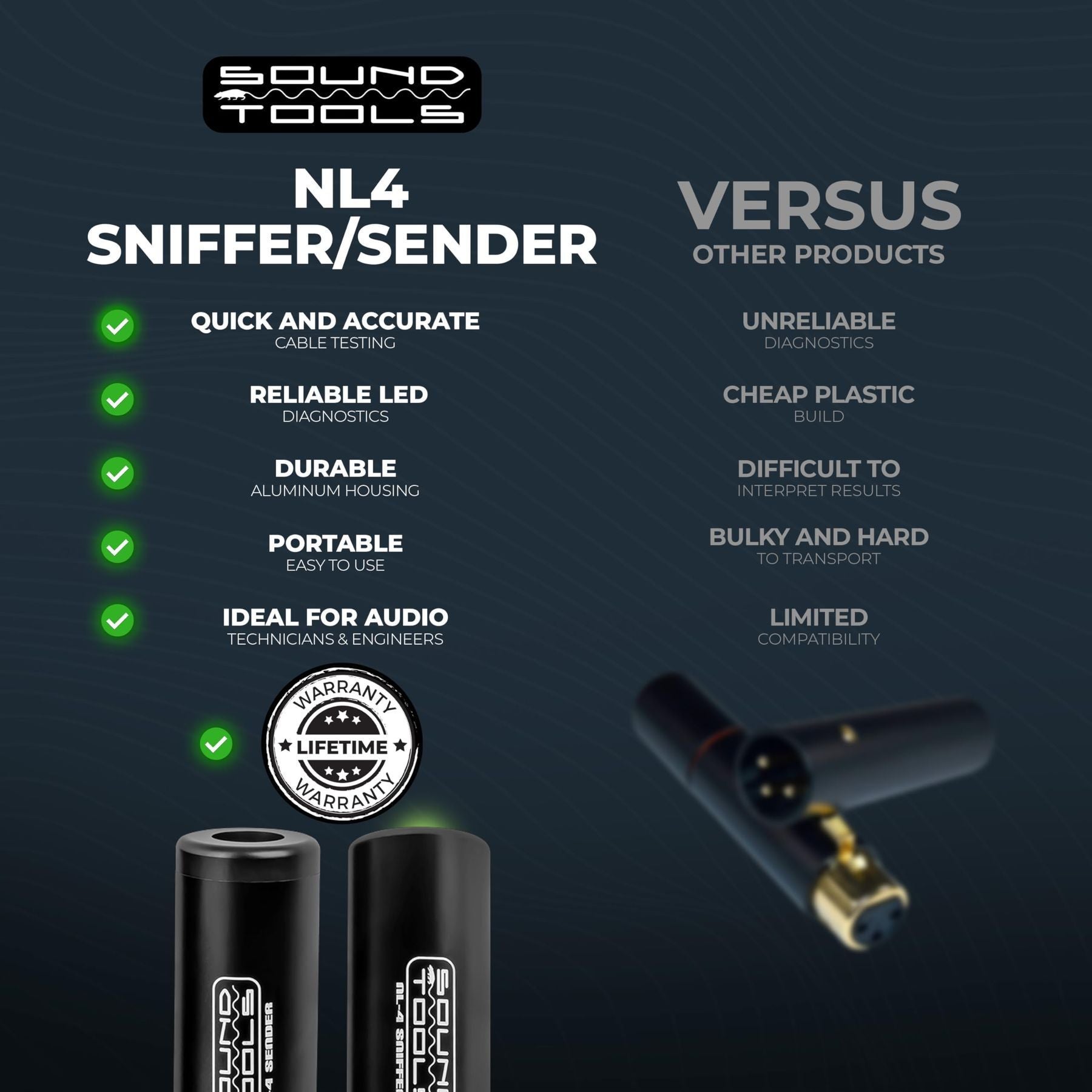 SoundTools NL4 Sniffer/Sender Remote End Cable Tester, Tests for Every Possible Fault, LED Light Readout, Battery Operated — Slide 6 of 7
