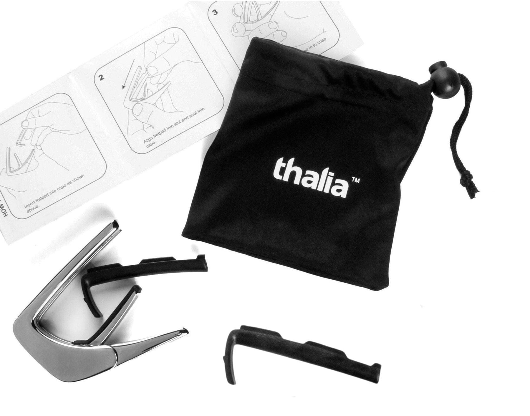 Thalia chrome capo with red Angel Wing inlay — capo, alternate fret pads, storage pouch and fret-pad installation diagram — Slide 3 of 3