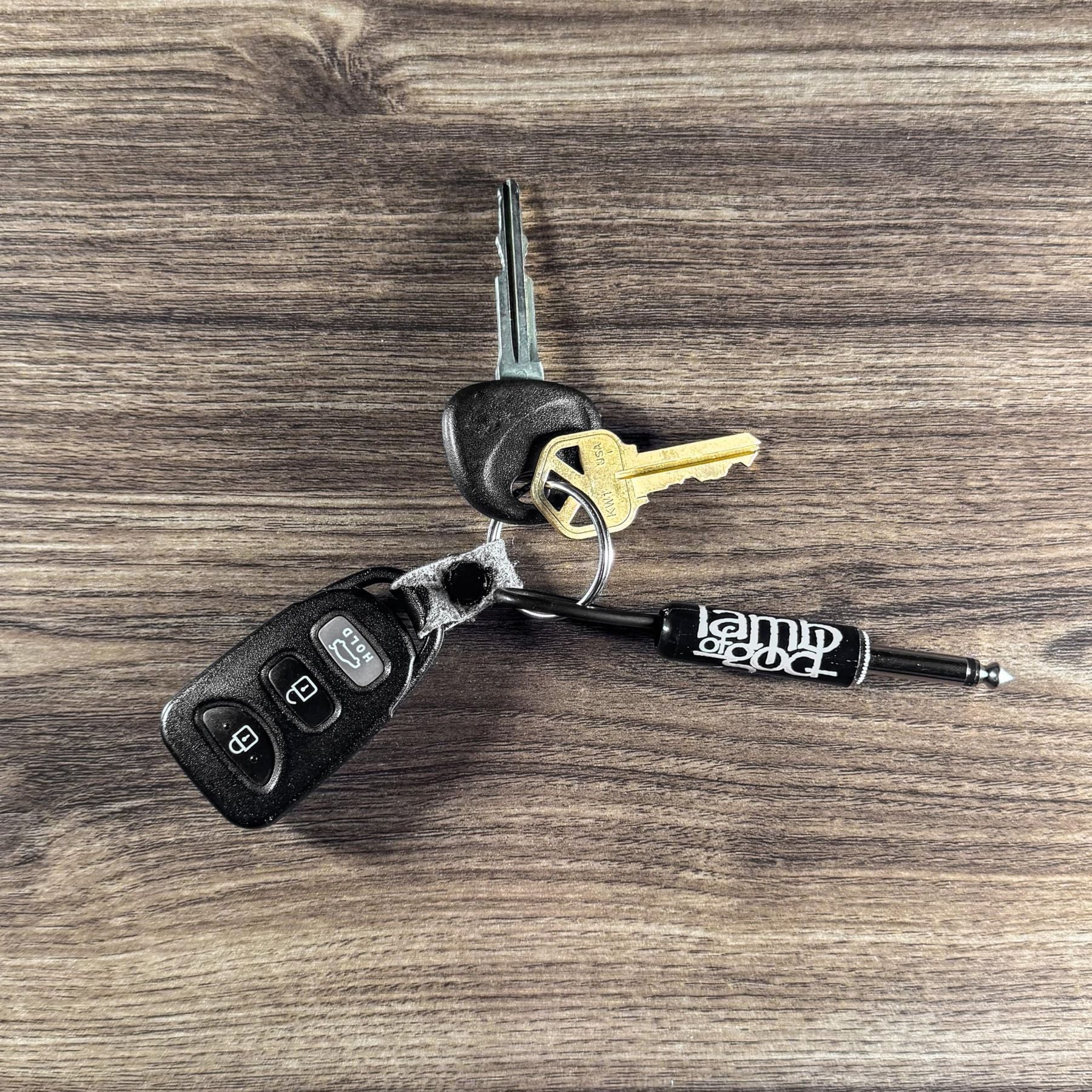 P Pluginz Jack Rack wall mounting Key Hanger. Includes 4 Guitar Plug Keychains and wall mounting Hardware. (Lamb of God) — Slide 8 of 9