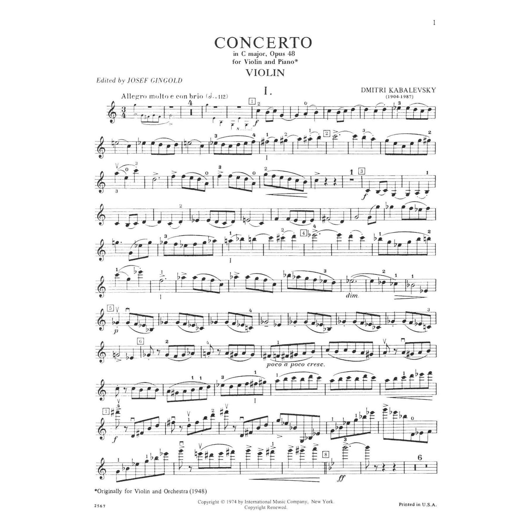 Kabalevsky, Dmitri Concerto in C Major, Op 48 Violin and Piano by Josef Gingold - International — Slide 2 of 4