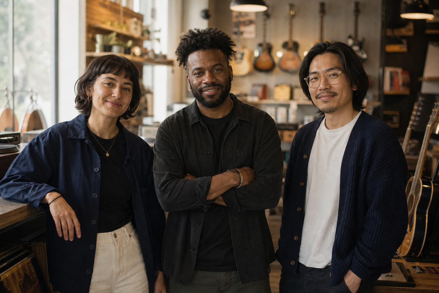 Editorial image illustrating a friendly small music retail team