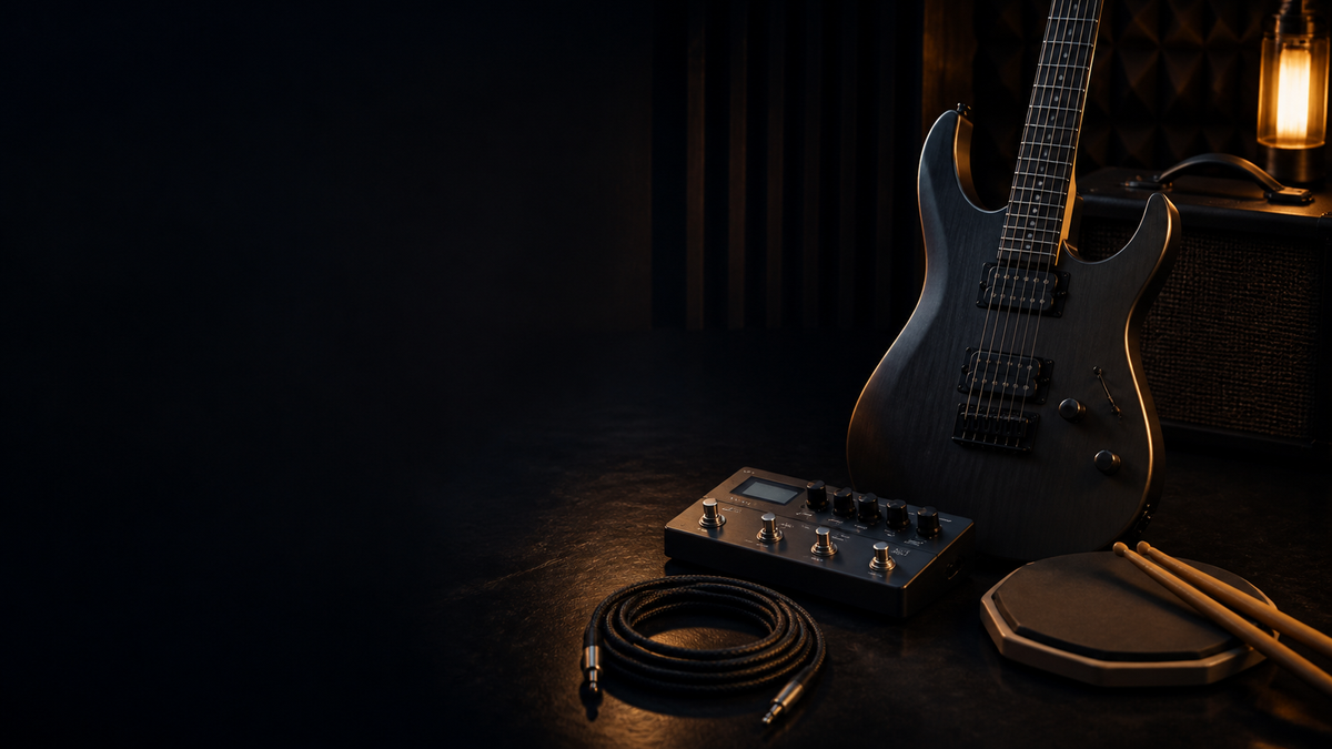 Electric guitar, effects pedal, cable, and practice pad in a dark music studio