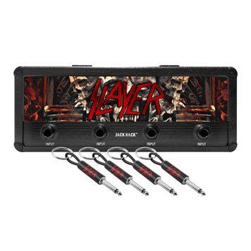 P Pluginz Jack Rack wall mounting Key Hanger. Includes 4 Guitar Plug Keychains and wall mounting Hardware. (Slayer)