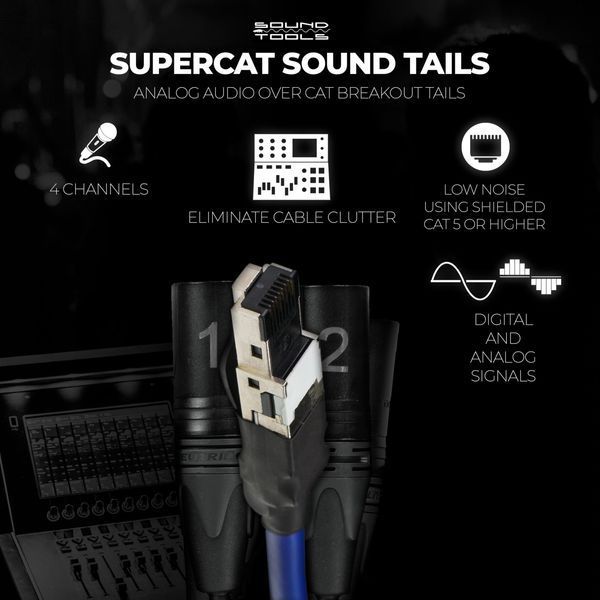 Sound Tools SuperCAT Sound Tails Male RJ45 to Male Breakout XLR &ndash; 4 Channel Audio & Ethernet to XLR &ndash; Compatible with Audio Mixer, Amplifier, Speaker, Microphone, DMX Controller or Intercom Systems