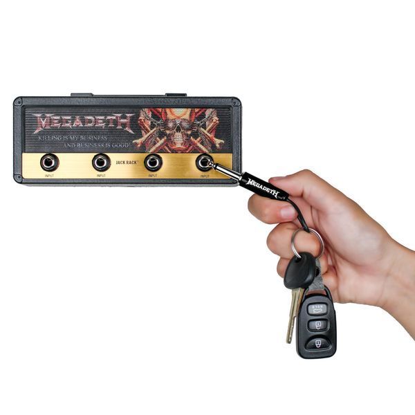 P Pluginz Jack Rack wall mounting Key Hanger. Includes 4 Guitar Plug Keychains and wall mounting Hardware. (Megadeth)