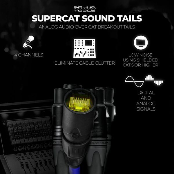 SuperCAT Sound Tails Male etherCON to Female DMX 5-Pin Breakout &ndash; Modular 4 Channel Snake, 60" Total Length / 54" Span &ndash; Analog Audio, AES3, COM, or DMX Over CAT5e