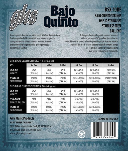 GHS Strings - Bajo Quinto Strings - Stainless Steel -Bright & Powerful Sound - Ball End, 10 Strings -BSX-10BE SET - 2 PACK